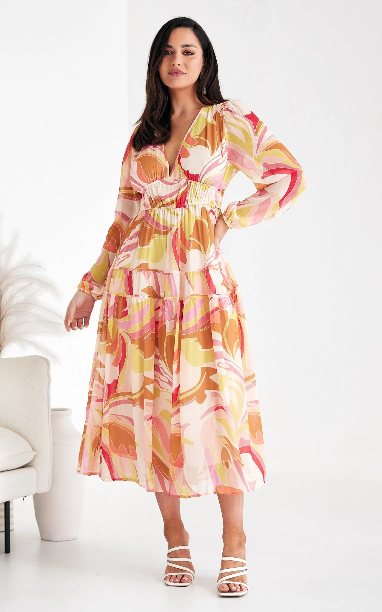 Diana Long Sleeve Maxi Dress - Yellow Cream Multi Print