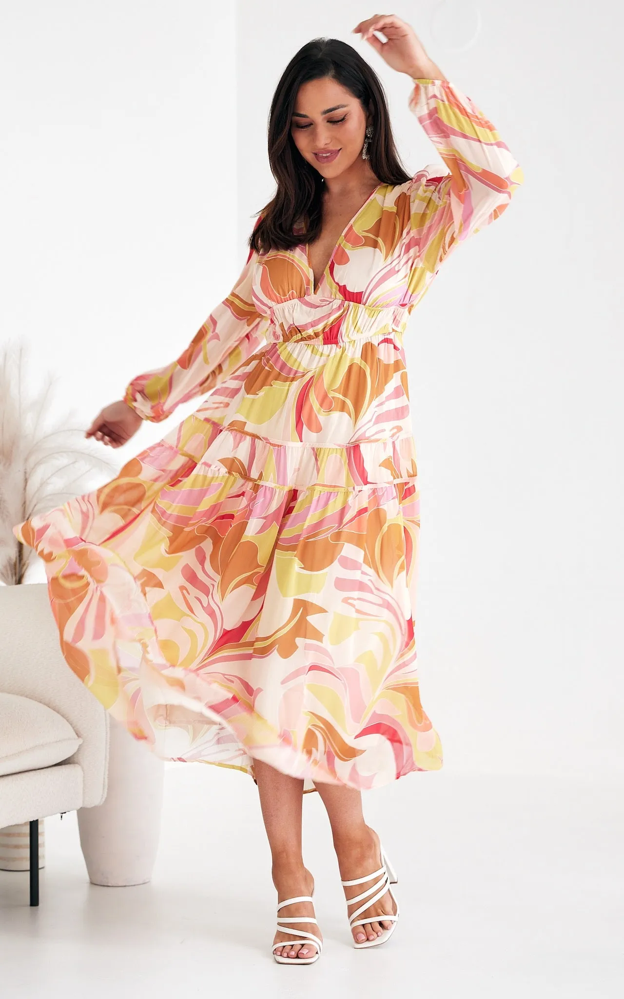 Diana Long Sleeve Maxi Dress - Yellow Cream Multi Print