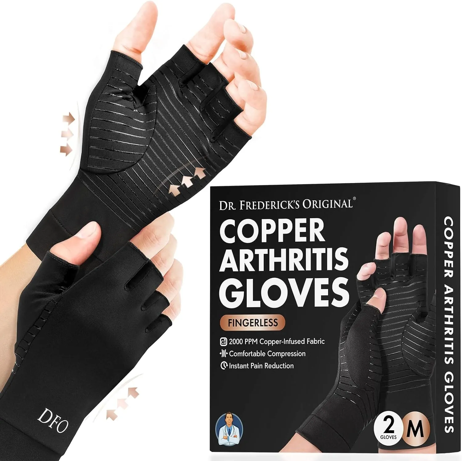 Dr. Frederick's Original Copper Arthritis Glove - 2 Gloves - Perfect Computer Typing Gloves - Fit Guaranteed