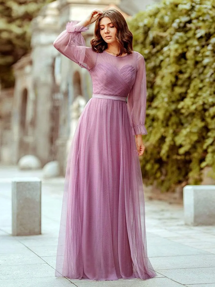 Elegant Floor Length Tulle Bridesmaid Dress with Long Sleeve