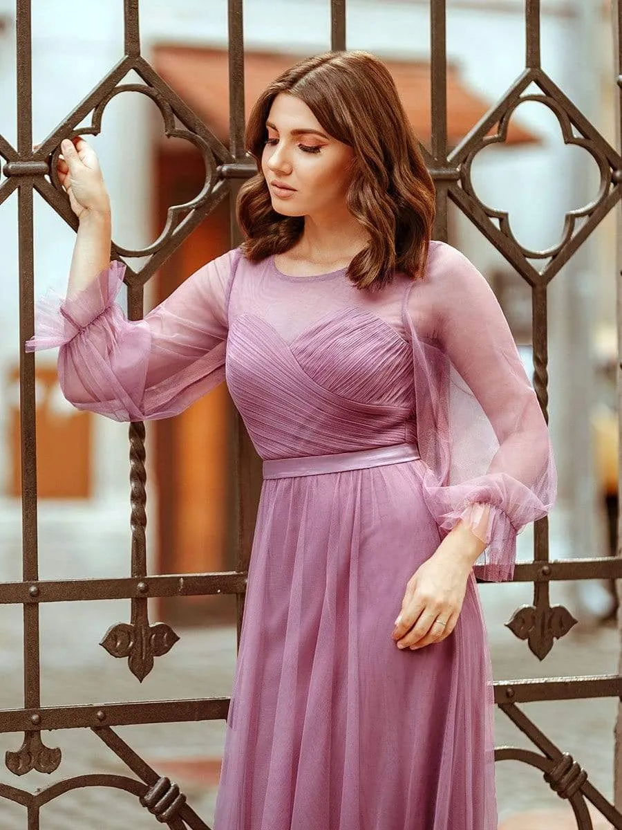 Elegant Floor Length Tulle Bridesmaid Dress with Long Sleeve