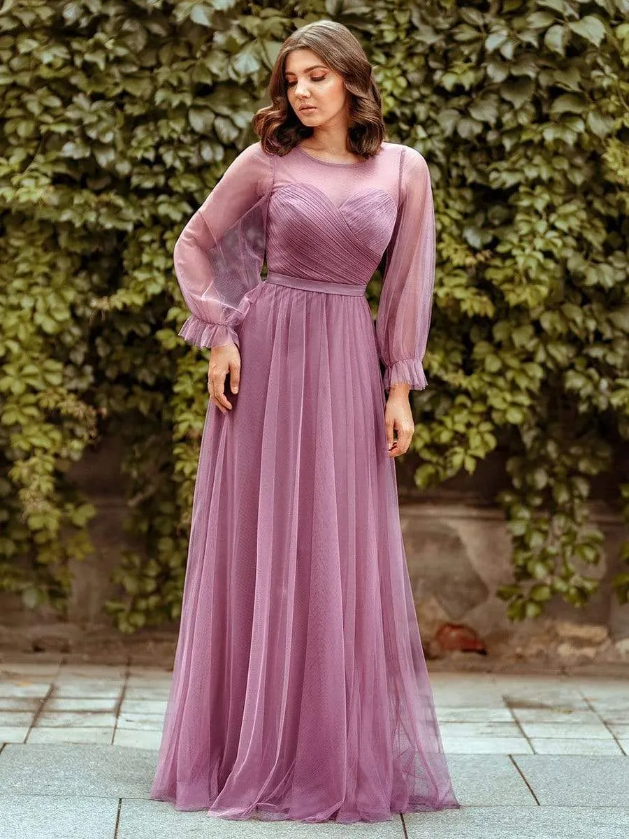 Elegant Floor Length Tulle Bridesmaid Dress with Long Sleeve