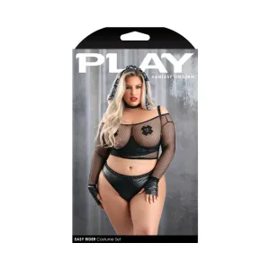 Fantasy Lingerie Play Easy Rider Open Cup Bra, Long Sleeve Fishnet Top, Panty, Choker, Gloves, Bandana & 1 pair of Pasties Costume 3XL/4XL