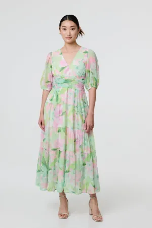 Floral Puff Sleeve Tiered Maxi Gown