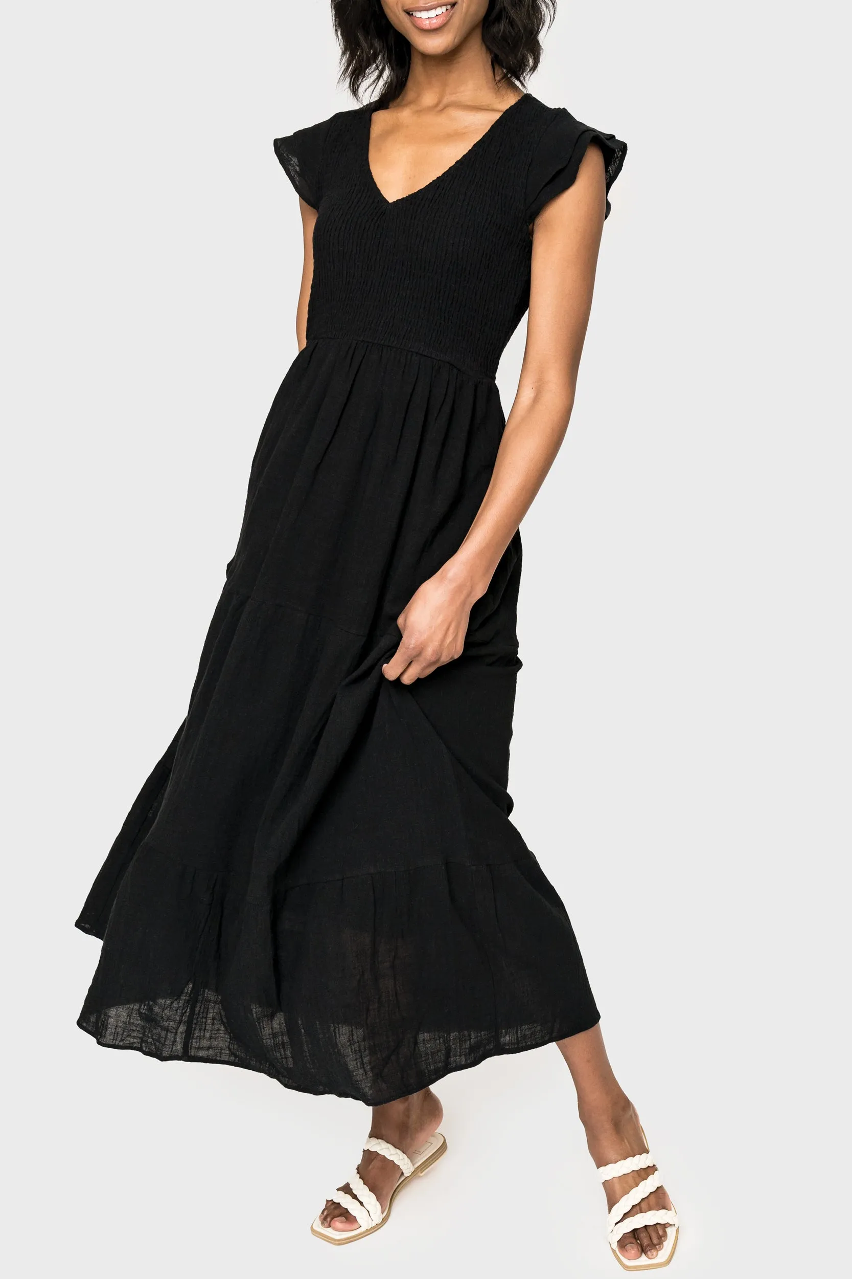 Flutter Sleeve Smocked V-Neck Tiered Maxi Dress