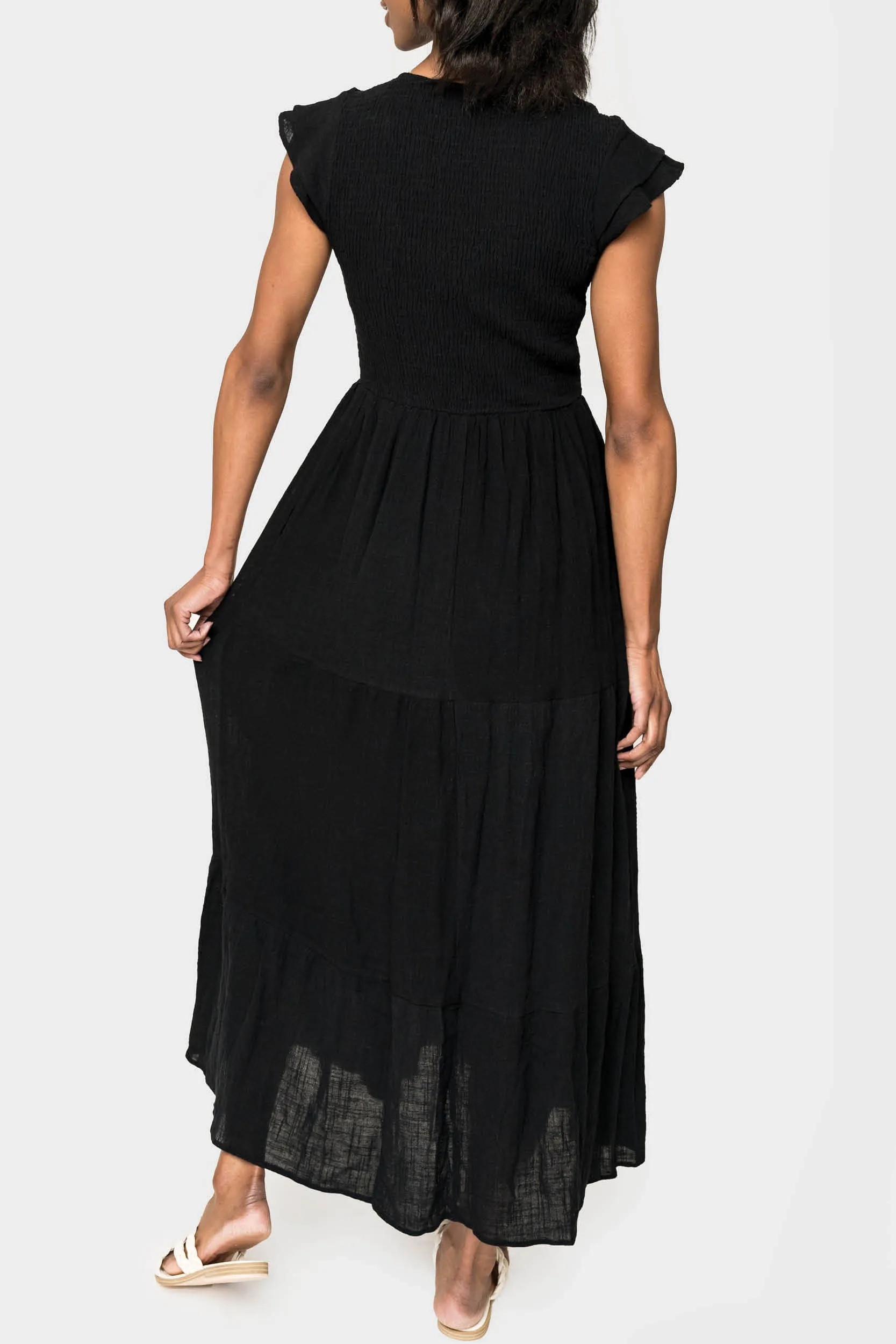 Flutter Sleeve Smocked V-Neck Tiered Maxi Dress