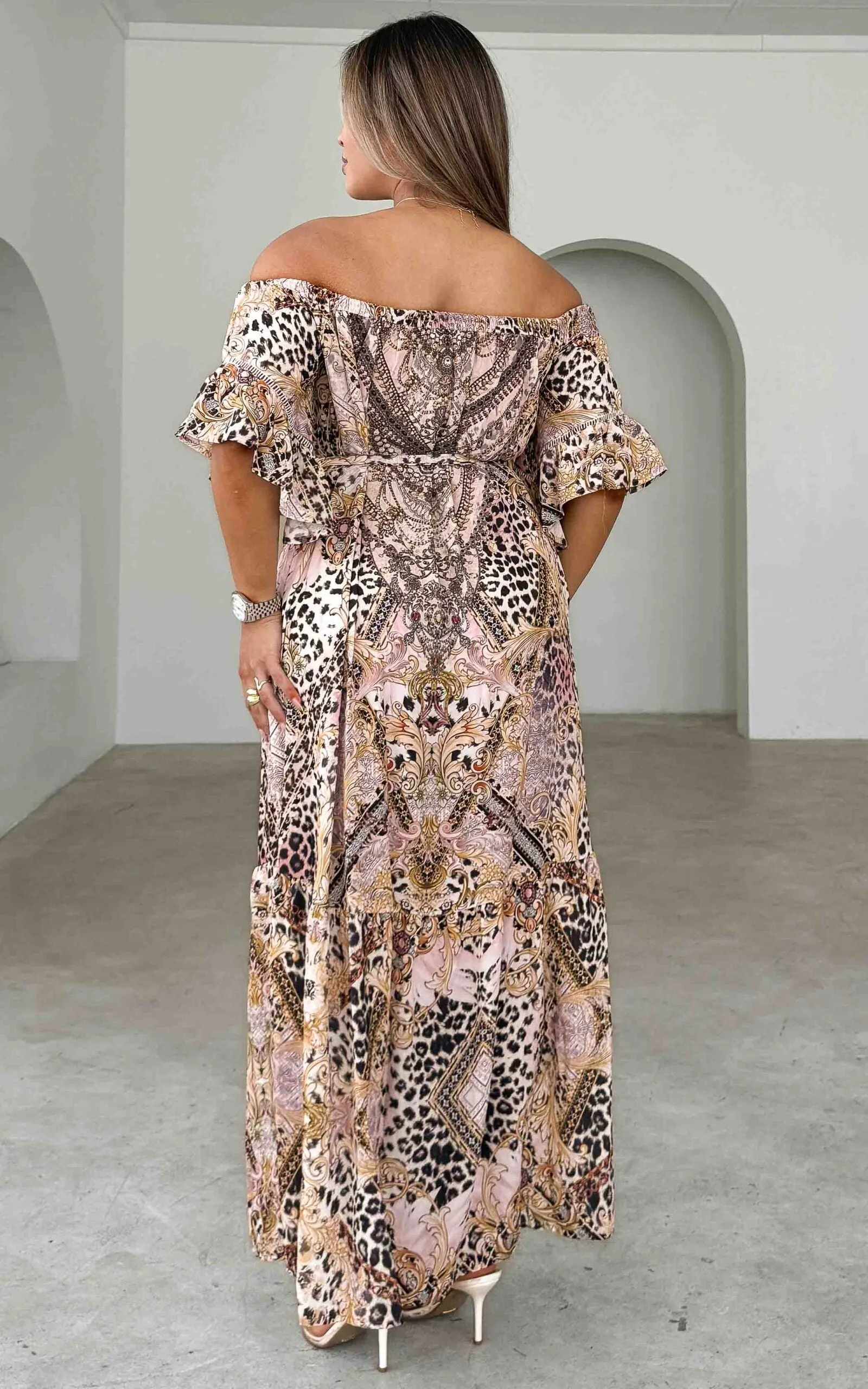 Gamela Gem Embellished Maxi Dress - Beige Leopard Multi Print