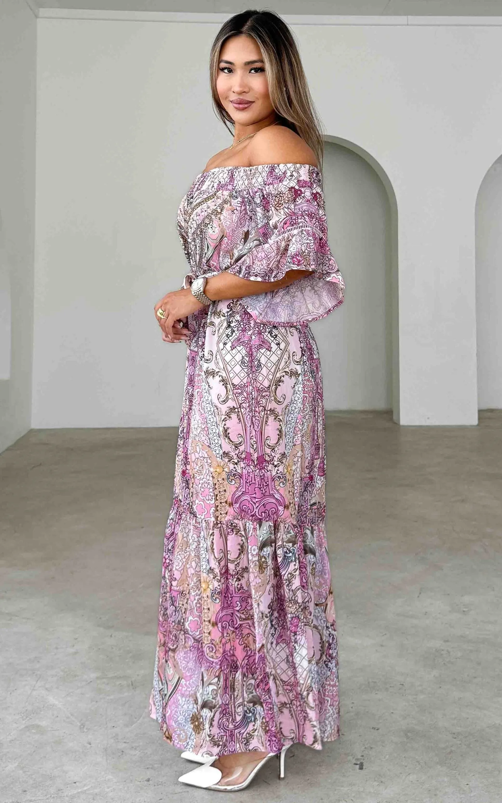 Gamela Gem Embellished Maxi Dress - Pink Multi Print