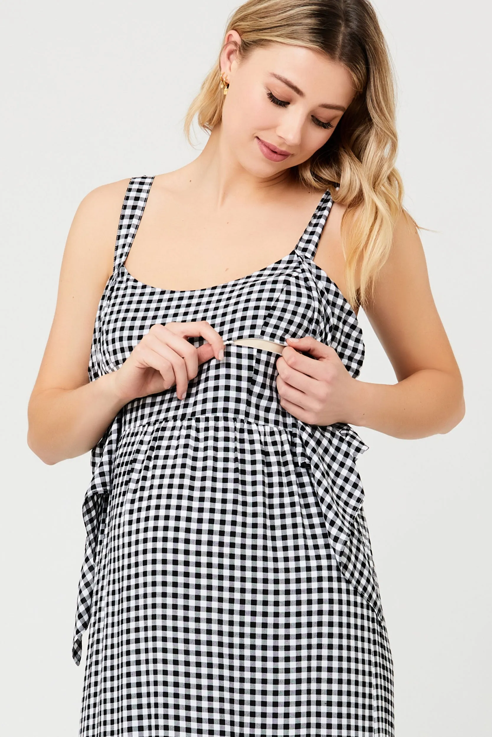 Gingham Maternity Nursing Sun Dress Black / White