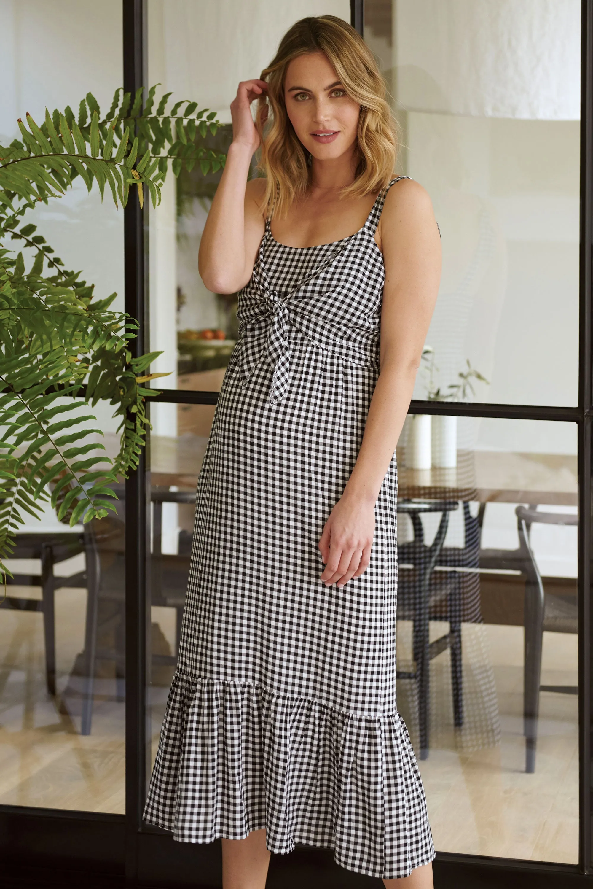 Gingham Maternity Nursing Sun Dress Black / White