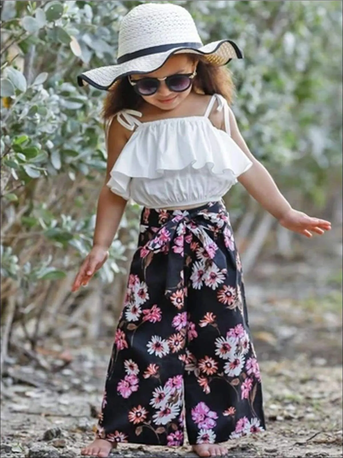 Girls Totally Floral Ruffled Top And Sash Tie Palazzo Pants