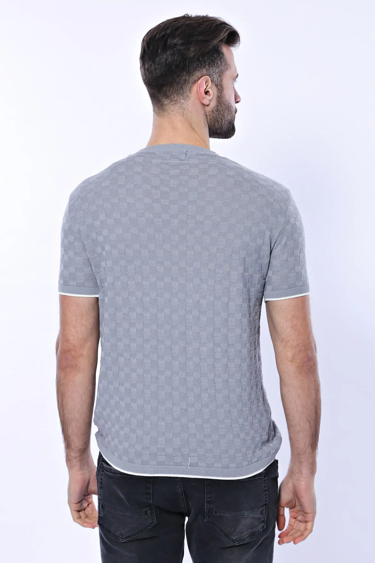 Grey Patterned Tricot Knitted T-Shirt - Wessi