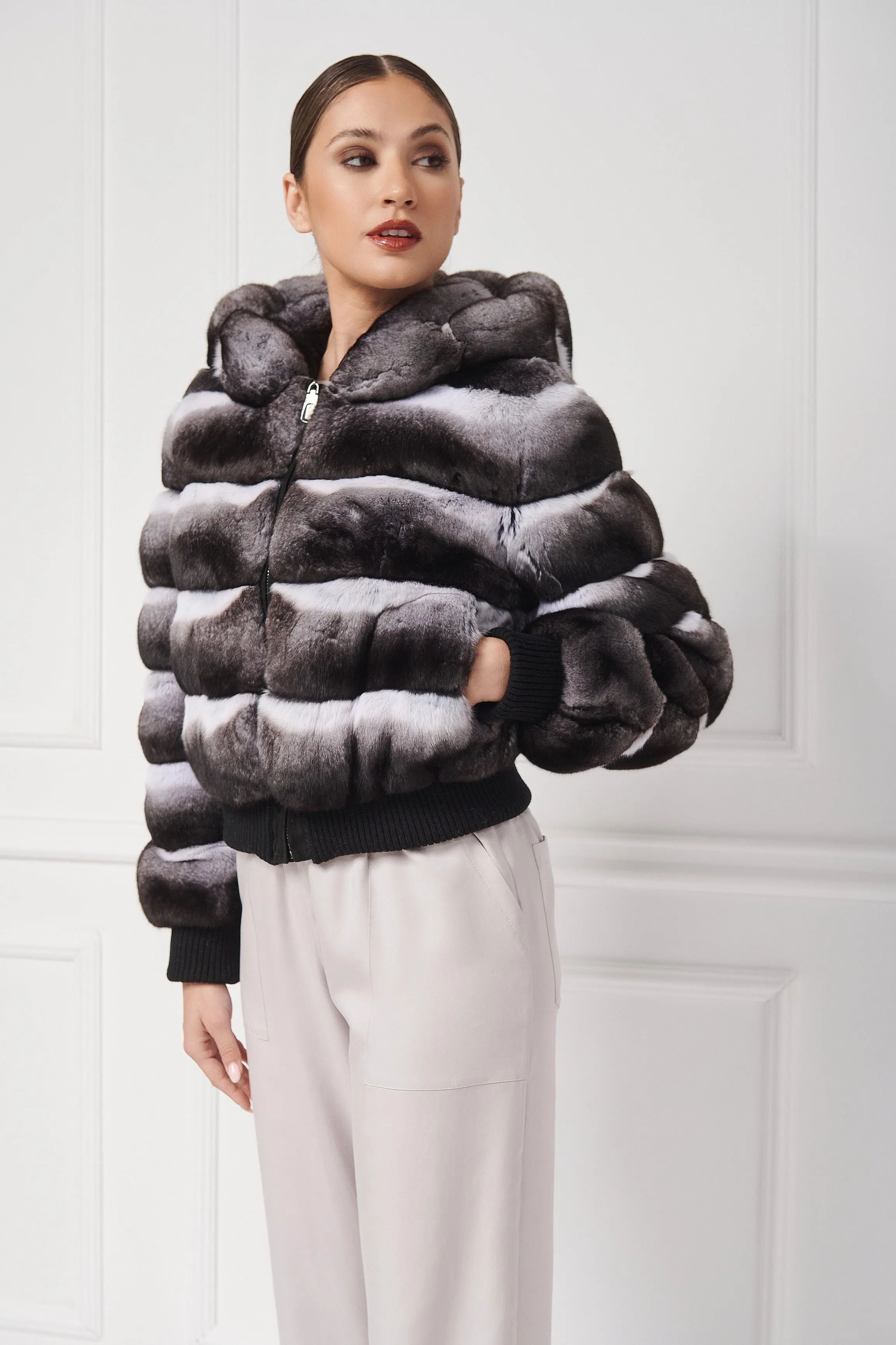 Hooded Chinchilla Fur Bomber Jacket