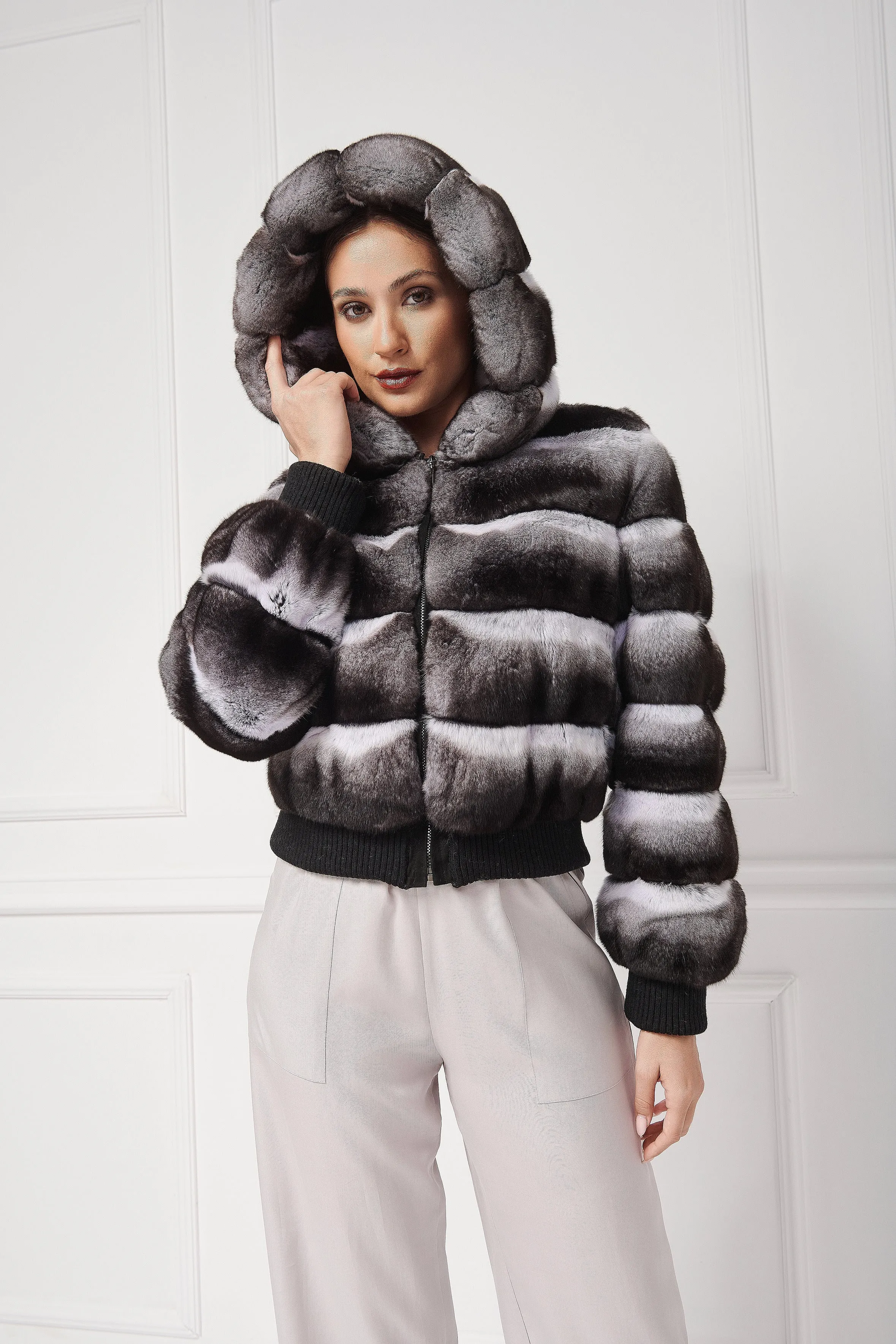 Hooded Chinchilla Fur Bomber Jacket