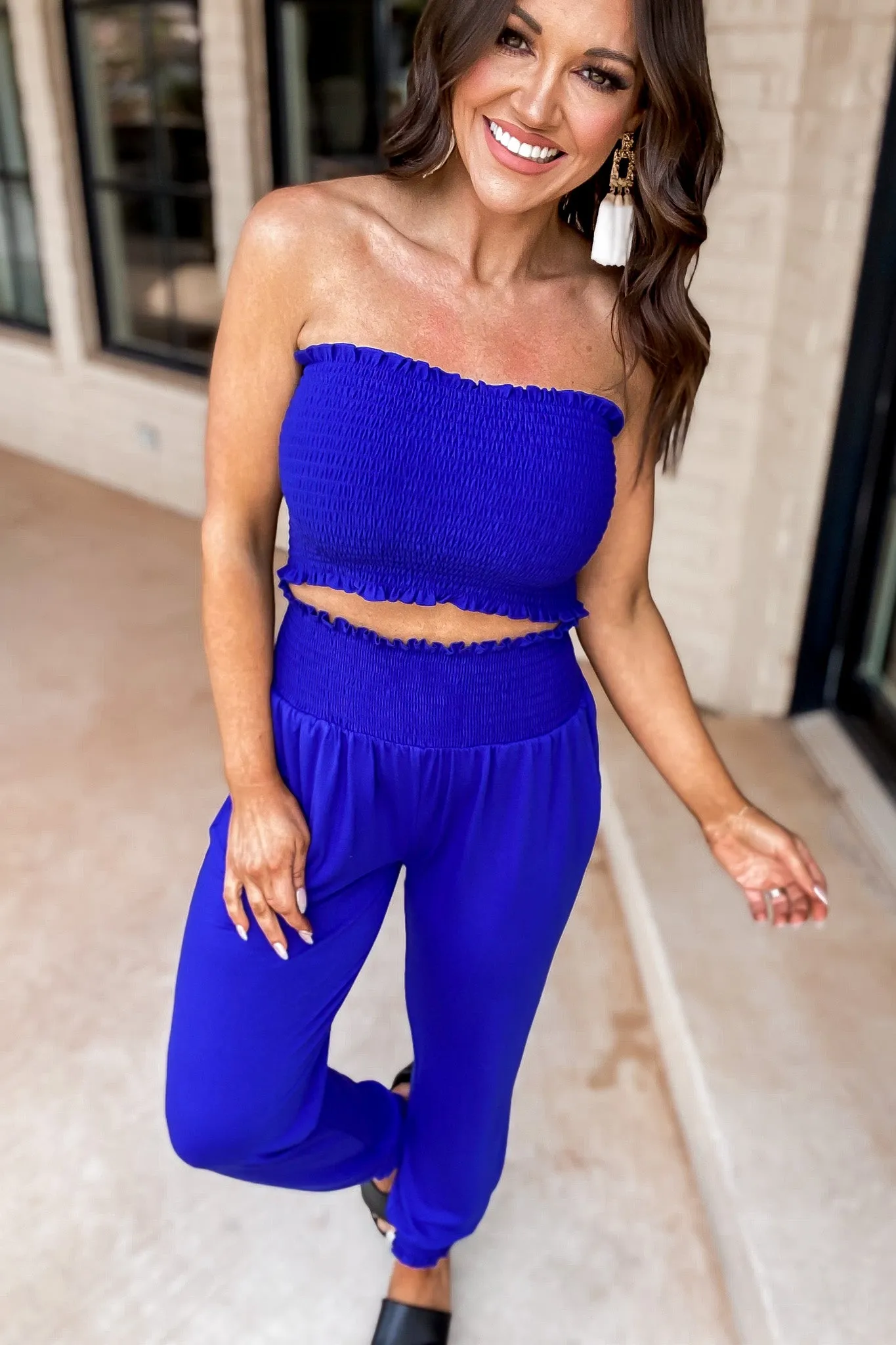 I Promise You Bright Blue Smoked Tube Top & Jogger Pants