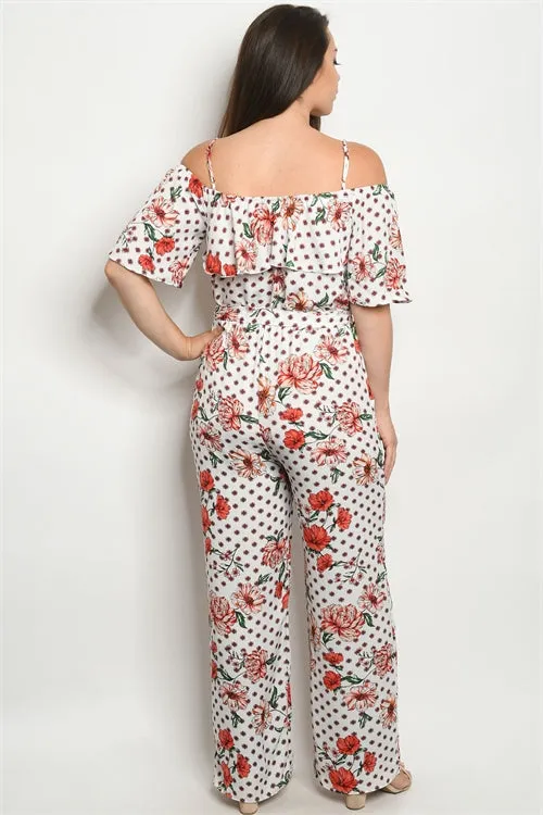 Ivory Floral Cold Shoulder Plus Size Jumpsuit