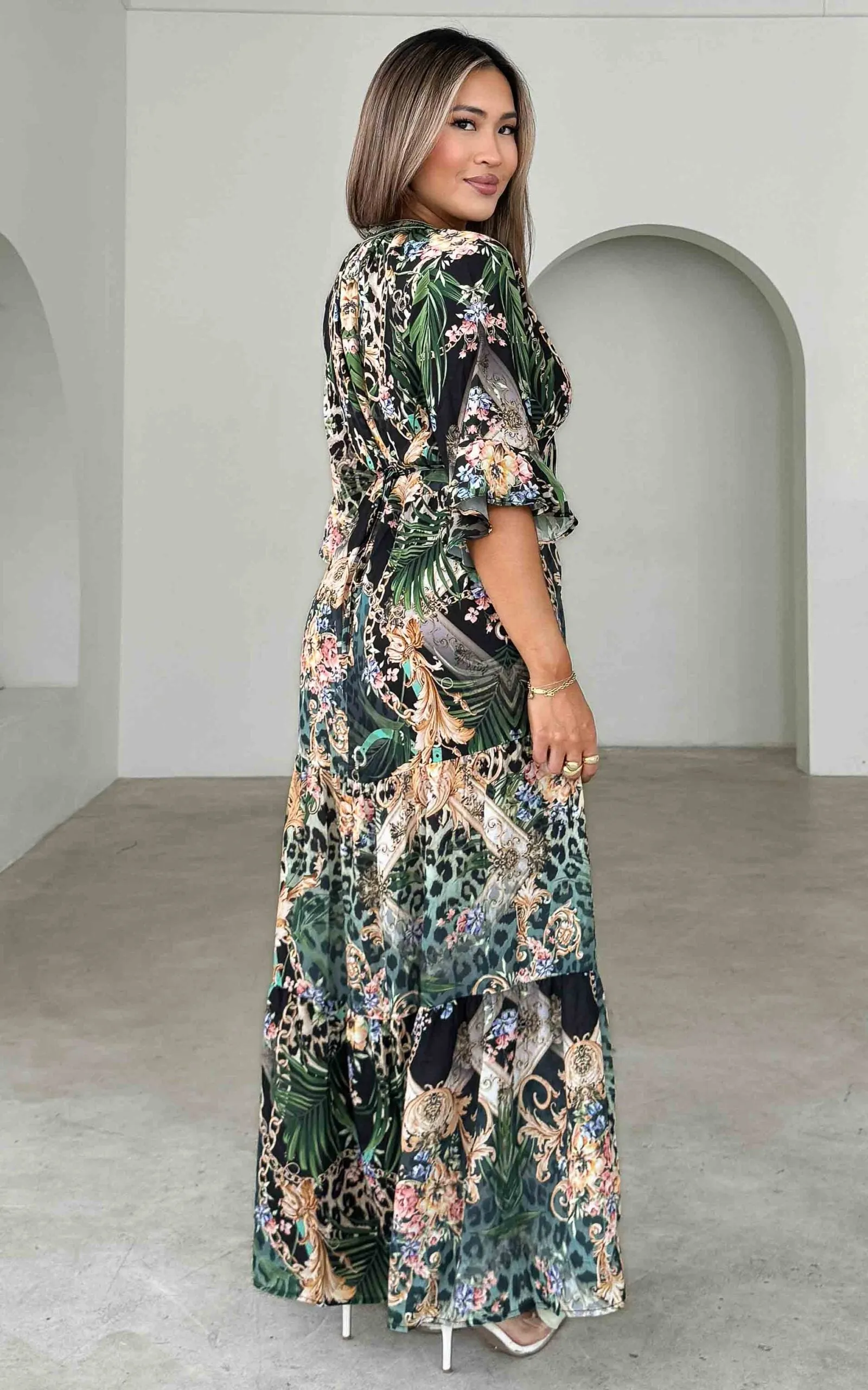 Jocosa Gem Embellished Maxi Dress - Black Green Multi Print