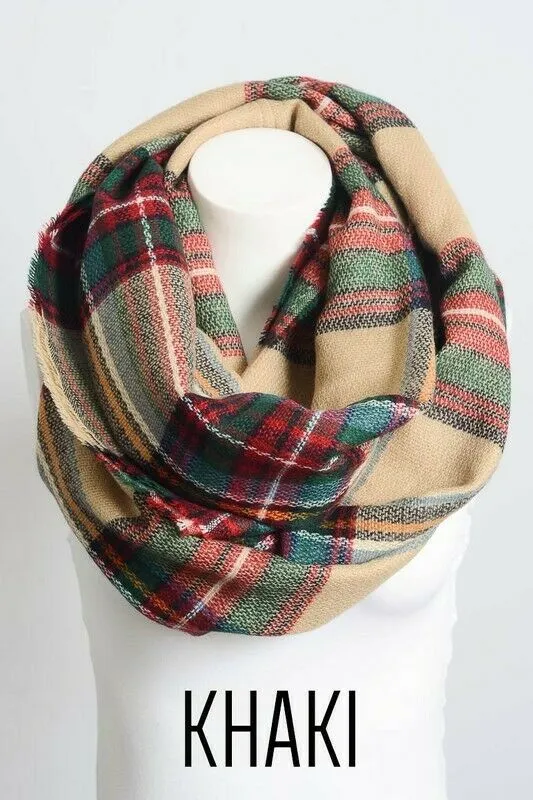 Khaki Classic Flannel Frayed Edge Infinity Scarf