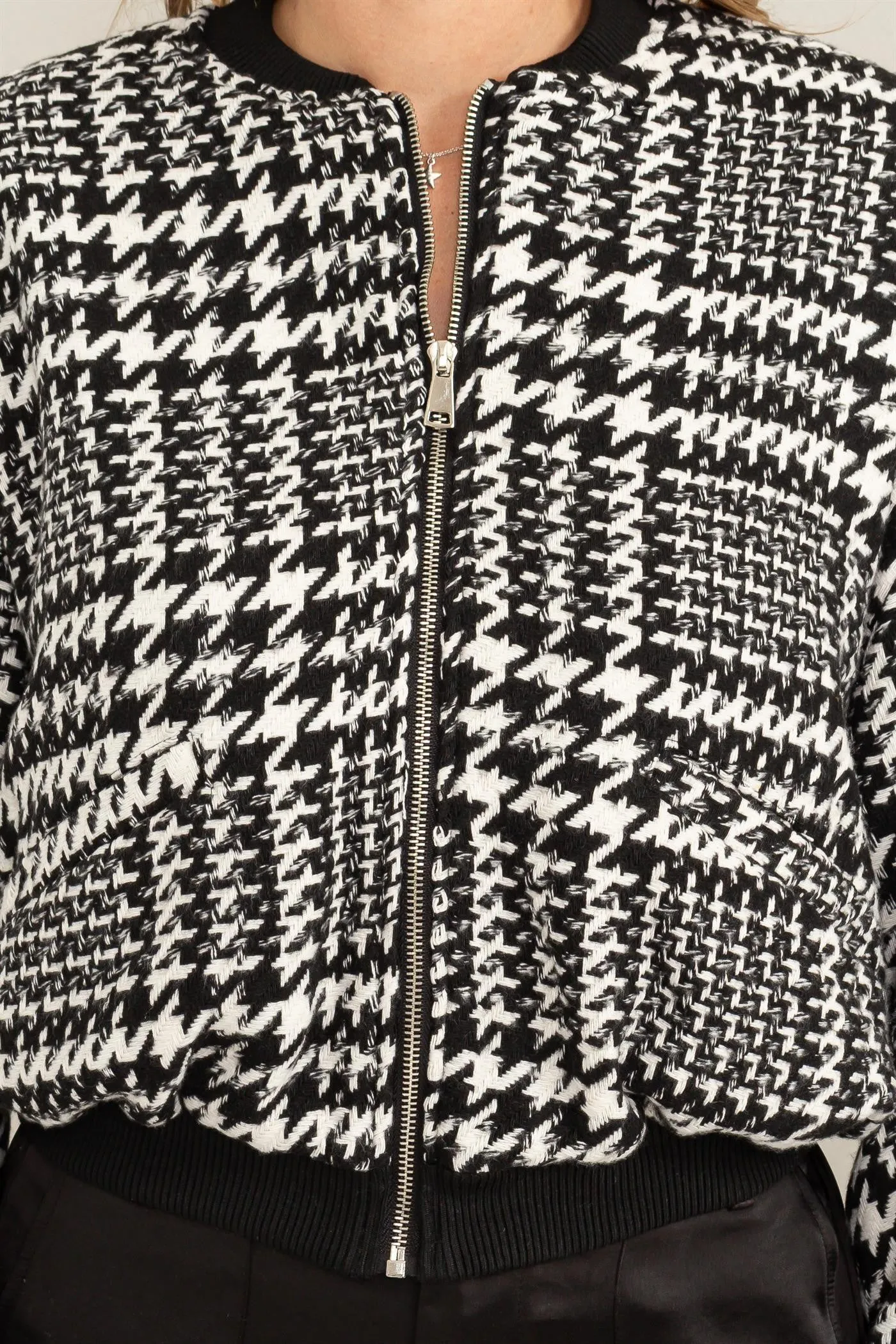 Kylan (Houndstooth Balloon Sleeve Bomber Jacket)