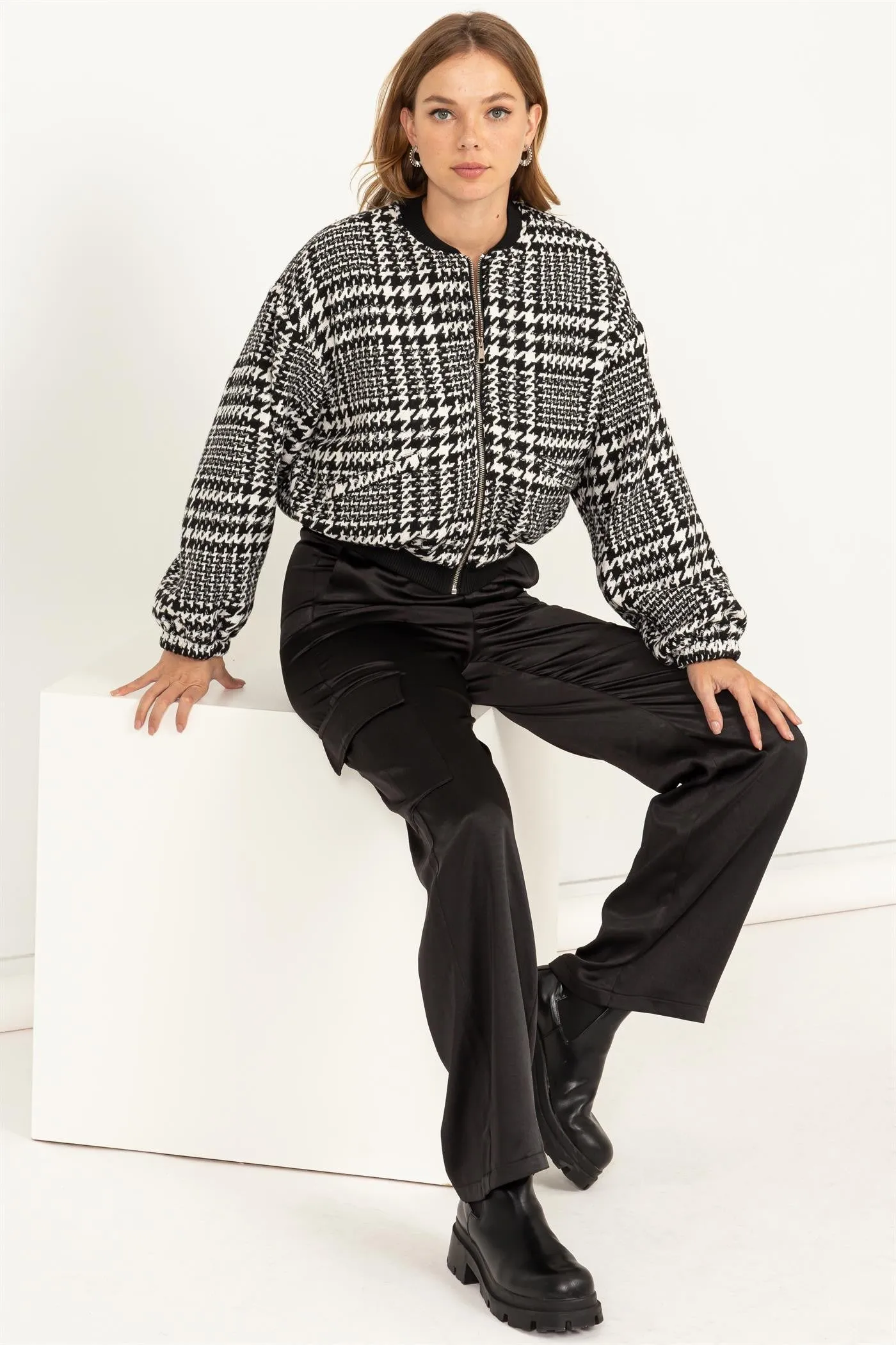 Kylan (Houndstooth Balloon Sleeve Bomber Jacket)