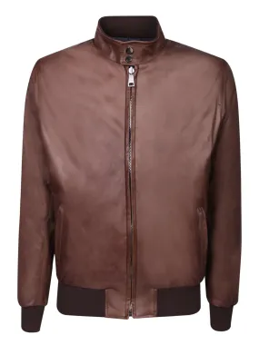 Leather brown/blue bomber jacket