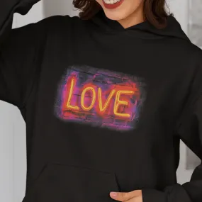 Love Graphic Neon Light Hoodie, Valentine's Day Gift, Unisex Hooded Sweatshirt, Heart Symbol Back, Neon Color Word, Cozy Jumper, Hooded