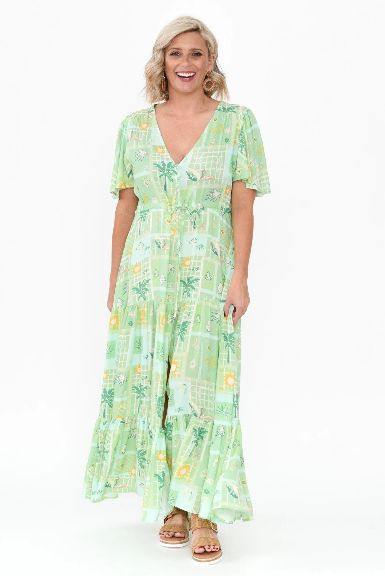 Marcelle Green Tropical Tier Dress