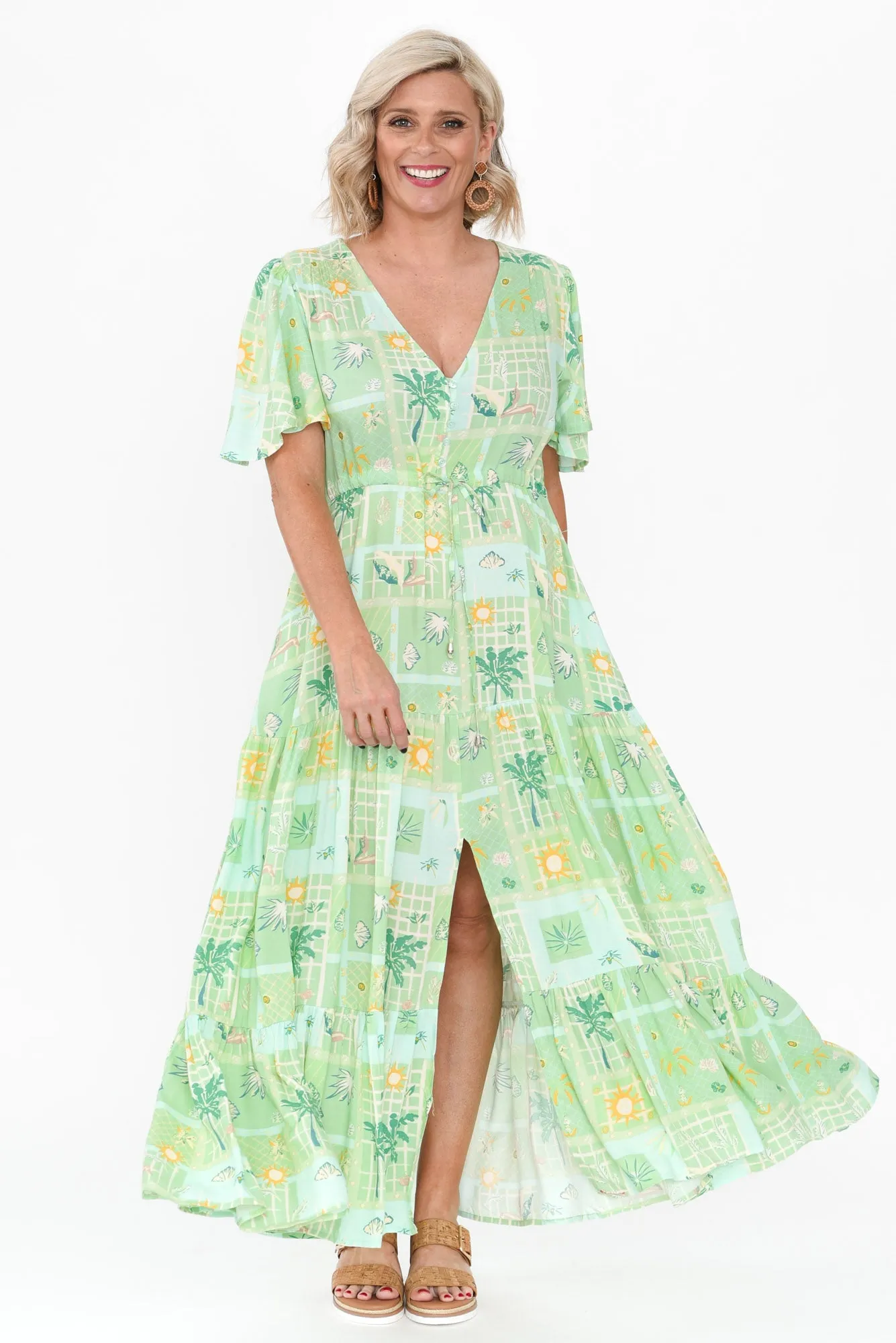 Marcelle Green Tropical Tier Dress