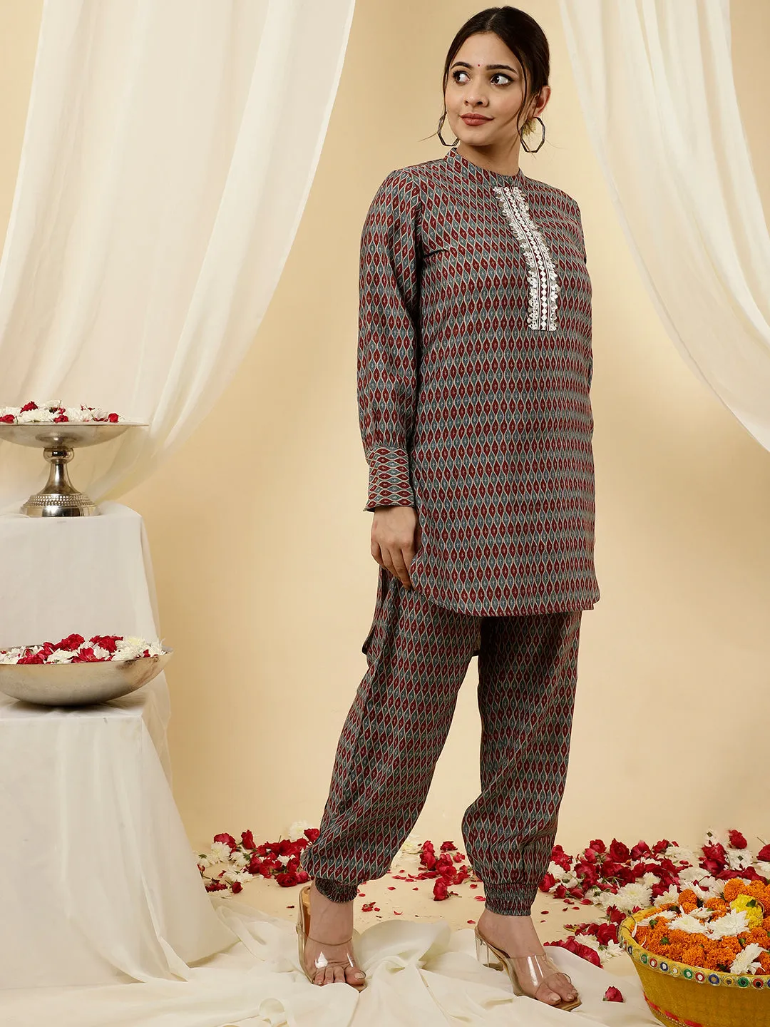 Maroon Mirror Work Short Kurta With Pants Co-ord Set