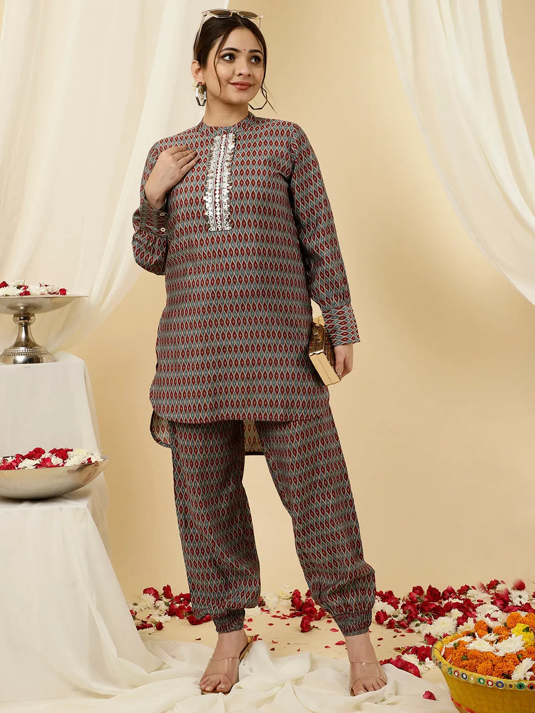 Maroon Mirror Work Short Kurta With Pants Co-ord Set