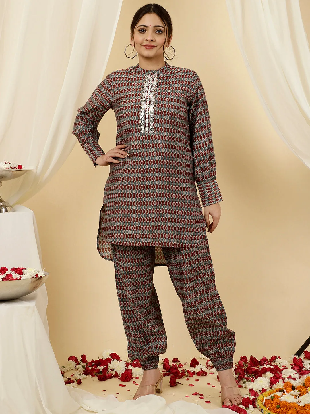 Maroon Mirror Work Short Kurta With Pants Co-ord Set