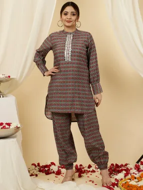 Maroon Mirror Work Short Kurta With Pants Co-ord Set