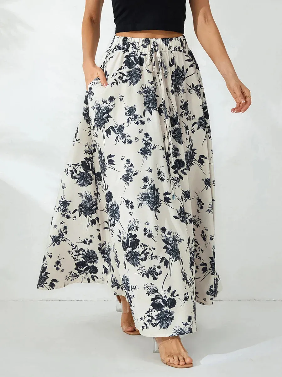 Maxi Vintage Floral Print High Waist Drawtring A Line Long with Pockets Flowy Skirt