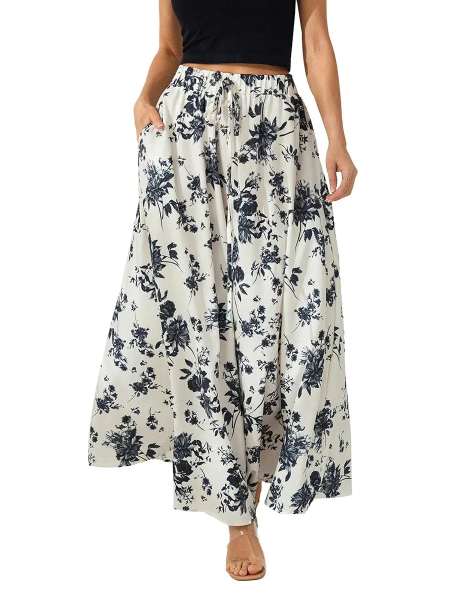 Maxi Vintage Floral Print High Waist Drawtring A Line Long with Pockets Flowy Skirt