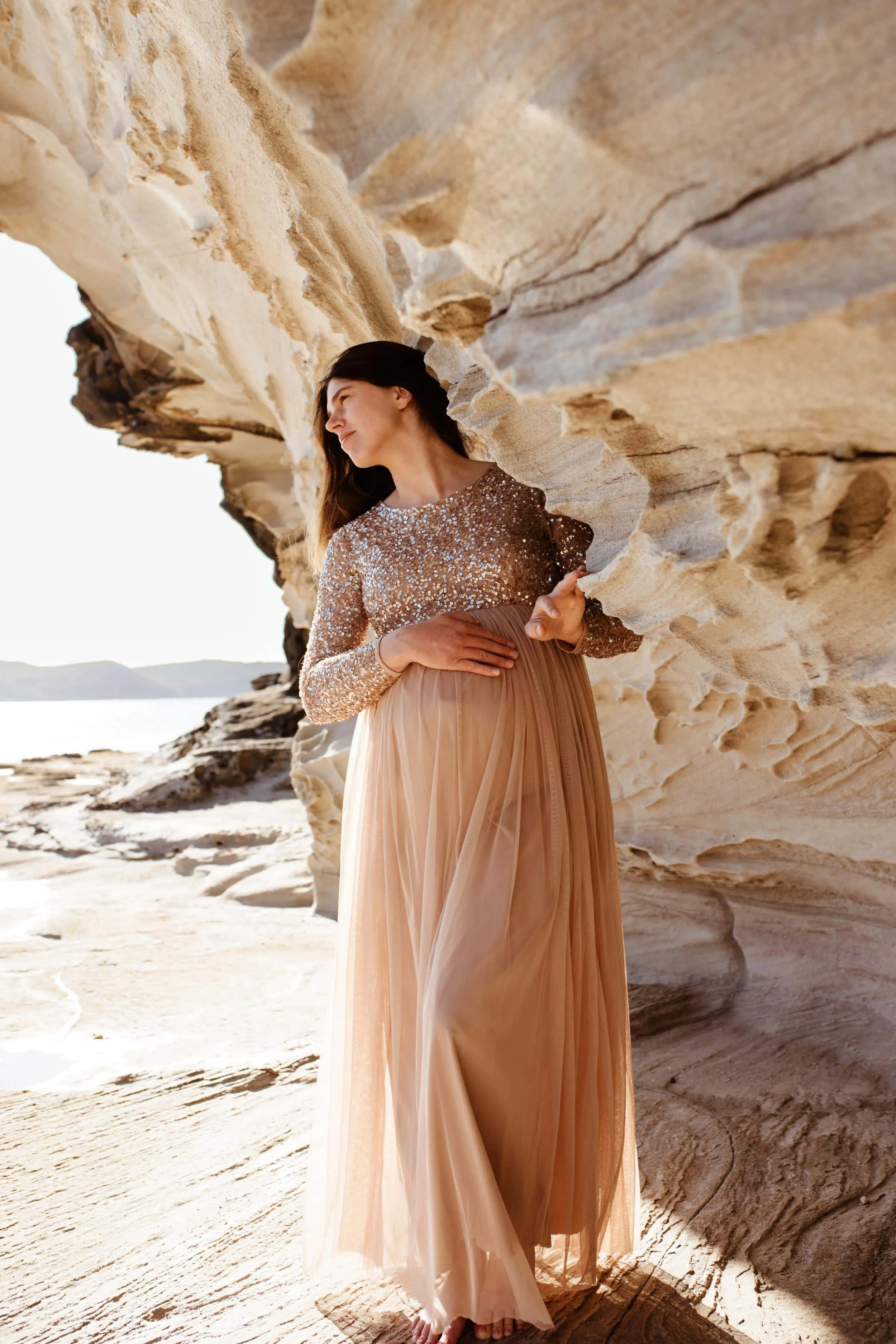 Maya Maternity Long Sleeve Tulle Maxi with Sequins