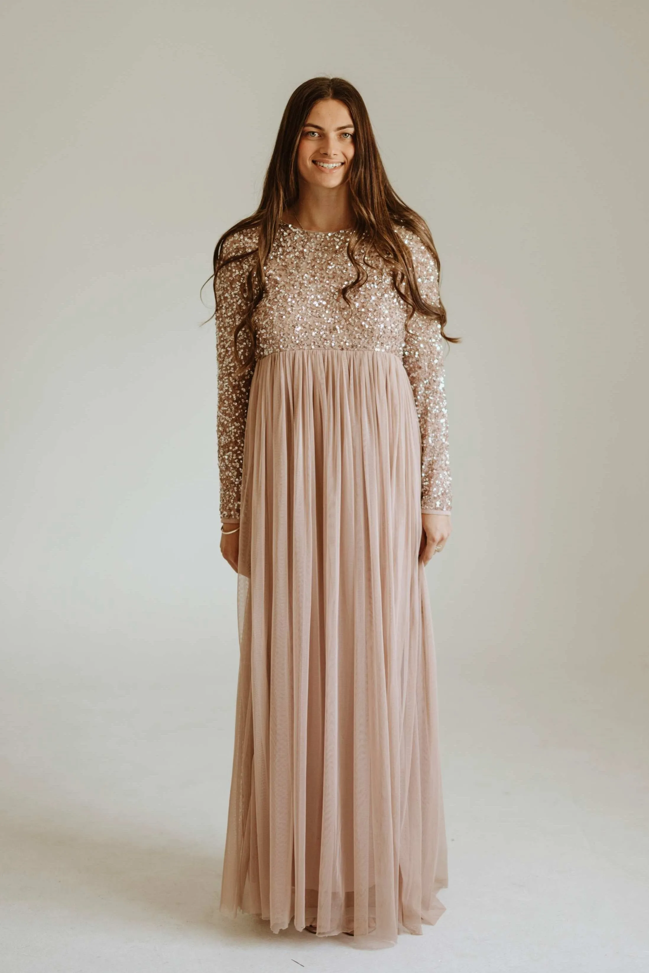 Maya Maternity Long Sleeve Tulle Maxi with Sequins