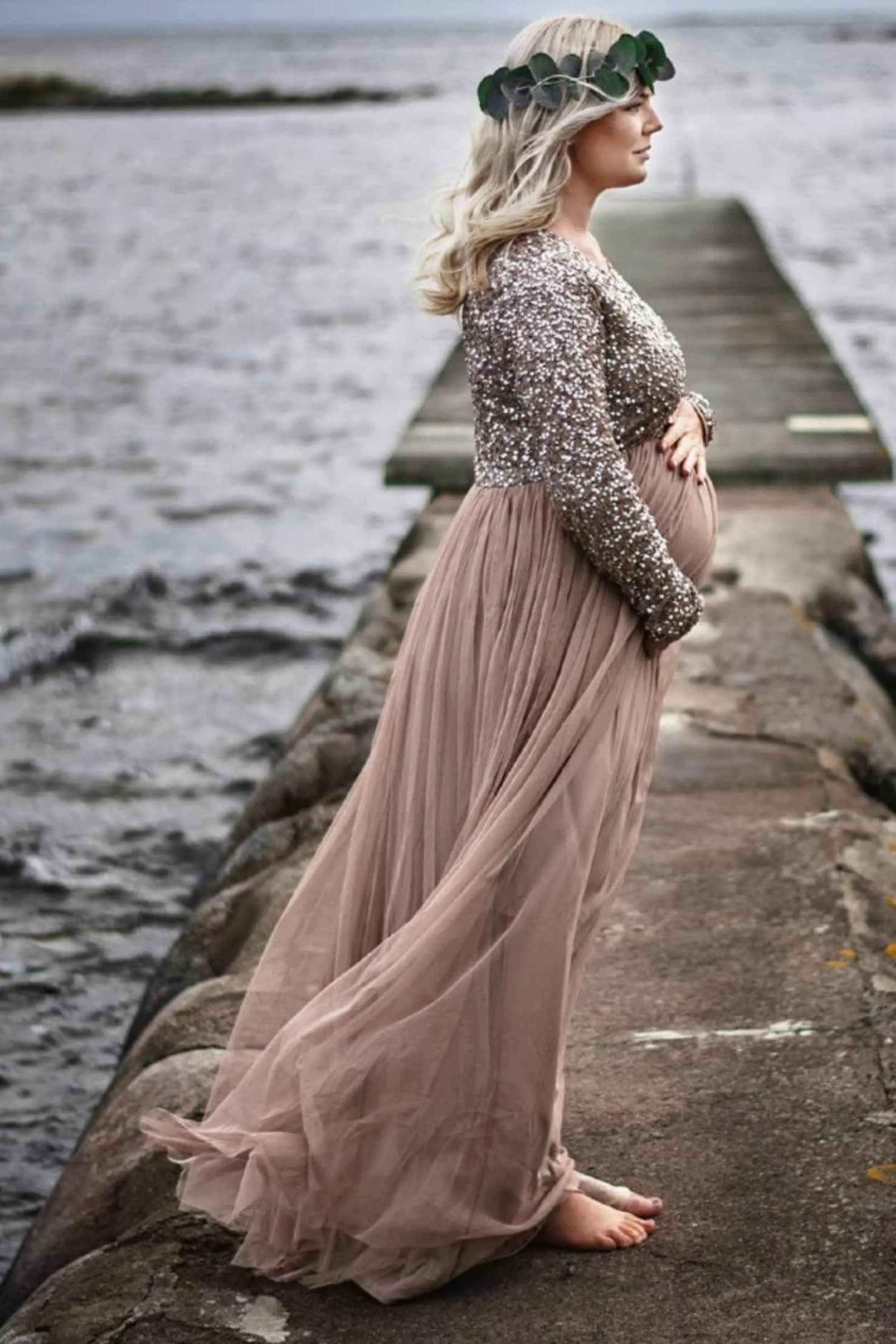 Maya Maternity Long Sleeve Tulle Maxi with Sequins