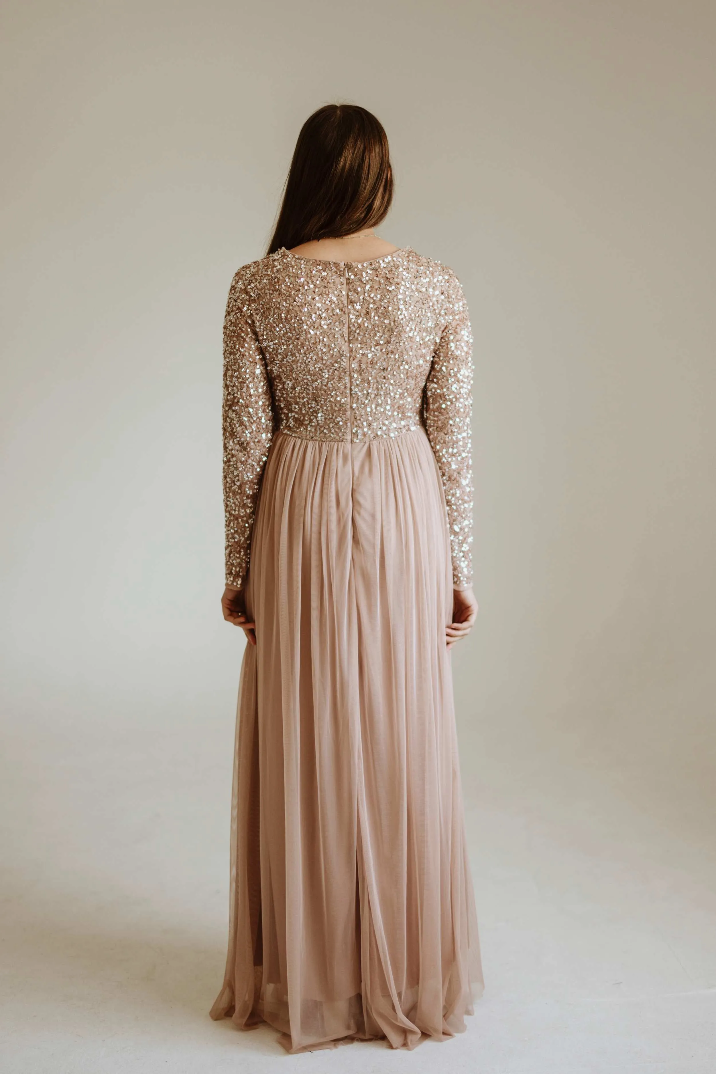 Maya Maternity Long Sleeve Tulle Maxi with Sequins