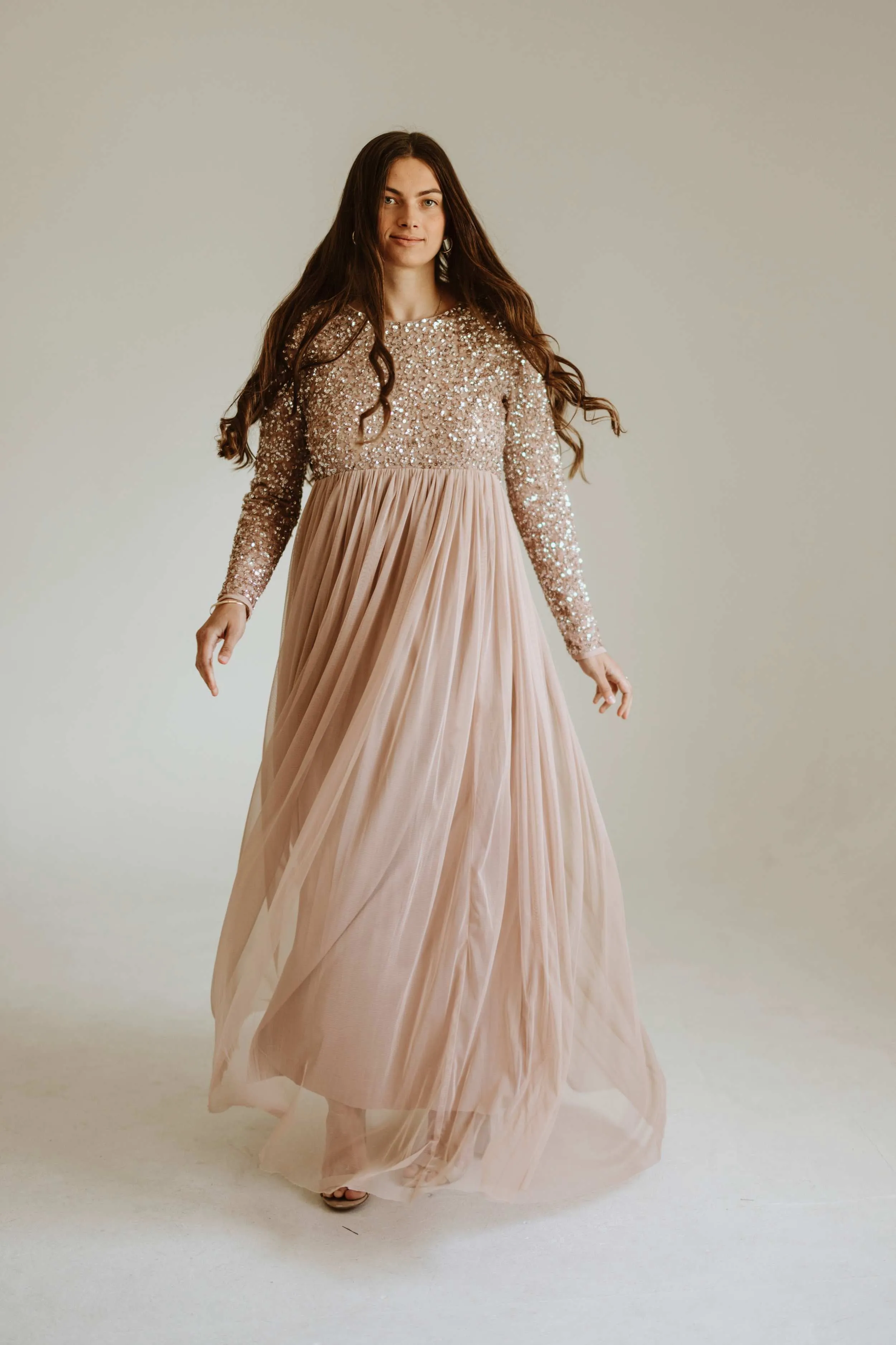 Maya Maternity Long Sleeve Tulle Maxi with Sequins