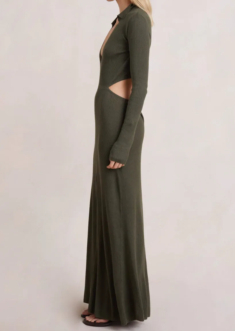 Mila Knit L/S Maxi Dress - Army