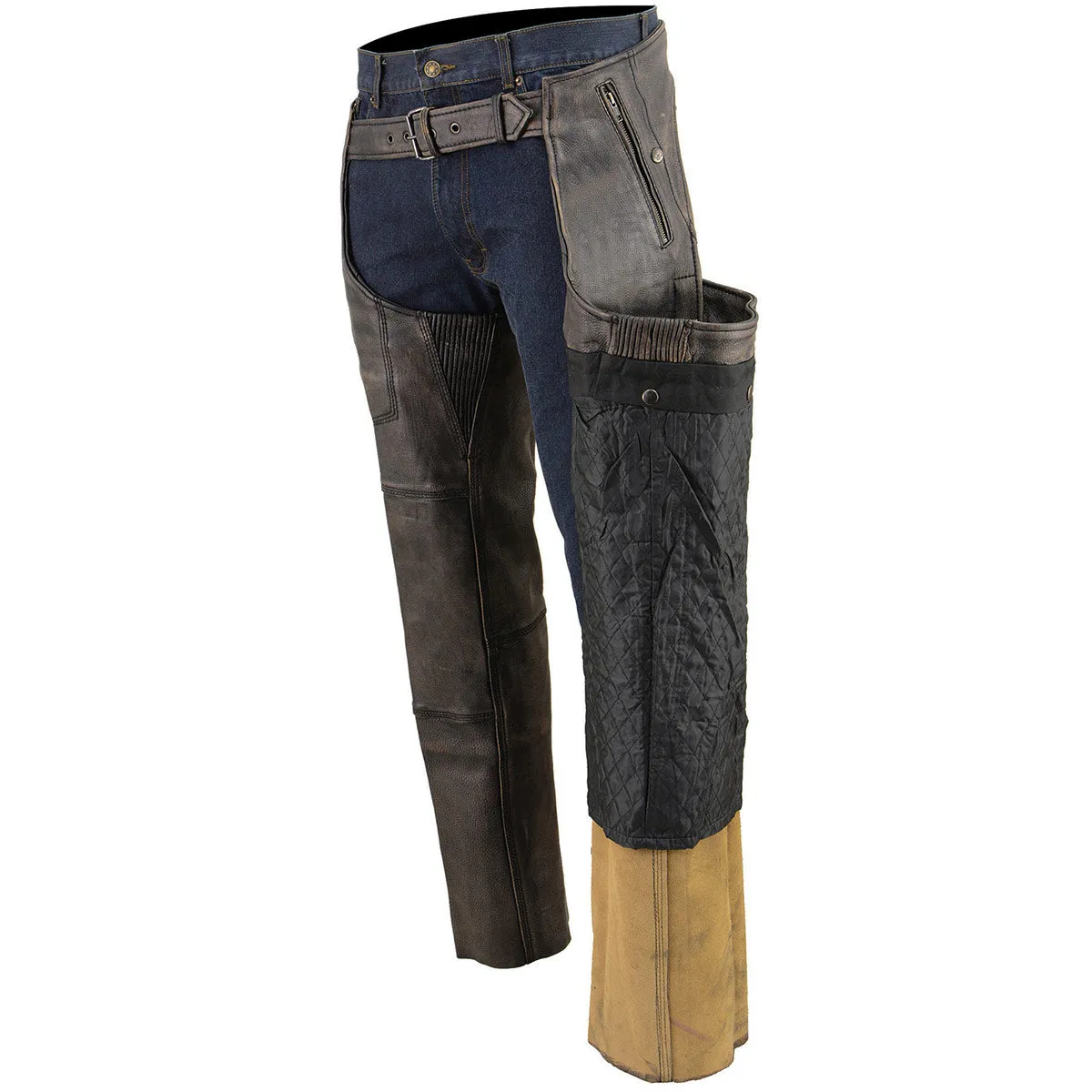 Milwaukee Leather Chaps for Men's Distressed Brown Leather Snap Out