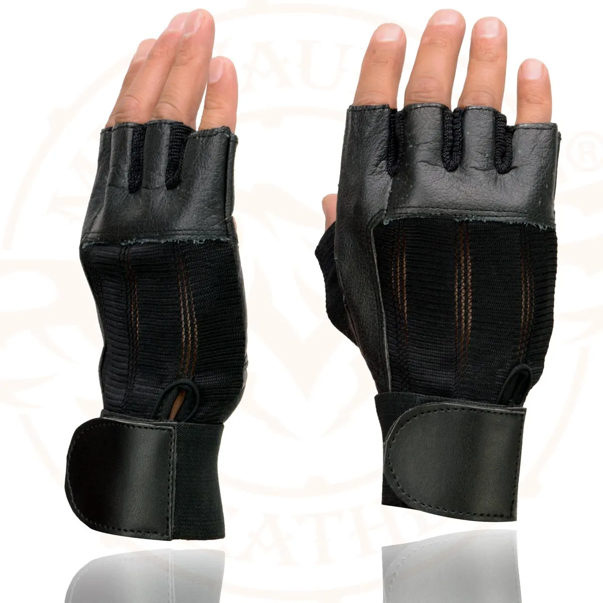 Milwaukee Leather MG7562 Men's Black Leather and Spandex Gel Padded Palm Fingerless Motorcycle Hand Gloves W/ Mesh Material