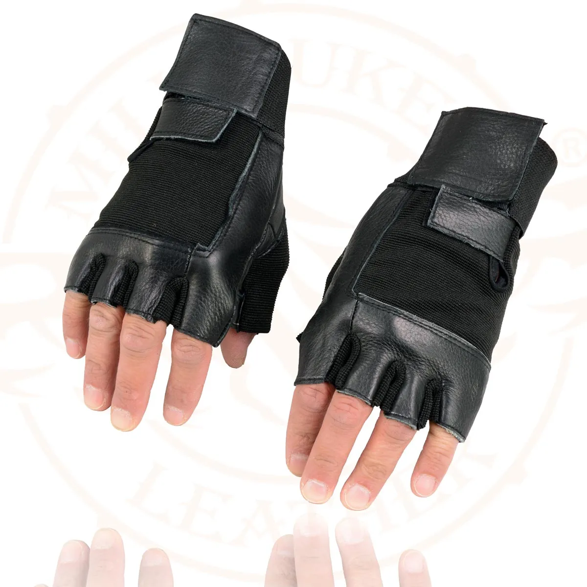 Milwaukee Leather MG7562 Men's Black Leather and Spandex Gel Padded Palm Fingerless Motorcycle Hand Gloves W/ Mesh Material