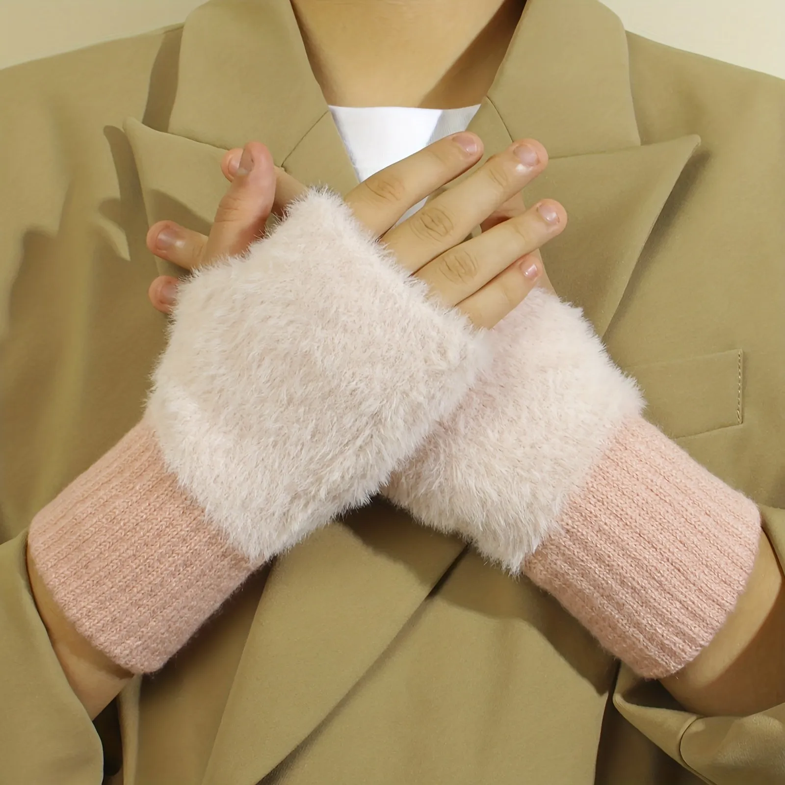 Monochrome Plush Half Finger Gloves Elegant Simple Knitted Cuff Women's Gloves Autumn Winter Coldproof Warmer Gloves