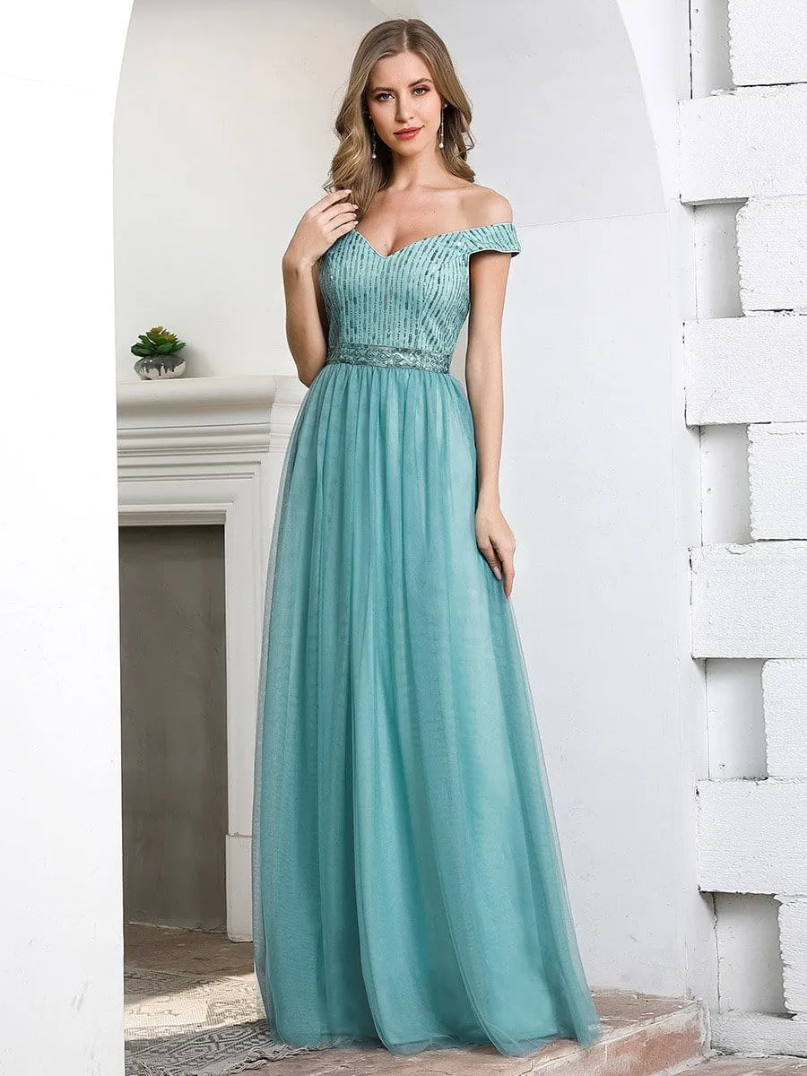 Off Shoulder Flowy Tulle Bridesmaid Dress with Sequin Belt