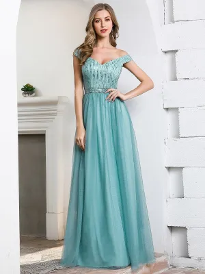 Off Shoulder Flowy Tulle Bridesmaid Dress with Sequin Belt