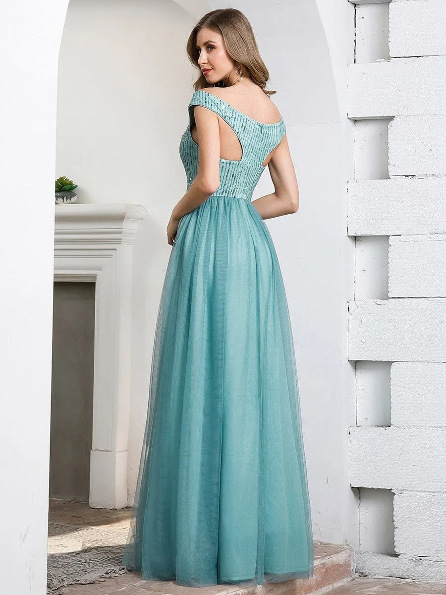 Off Shoulder Flowy Tulle Bridesmaid Dress with Sequin Belt