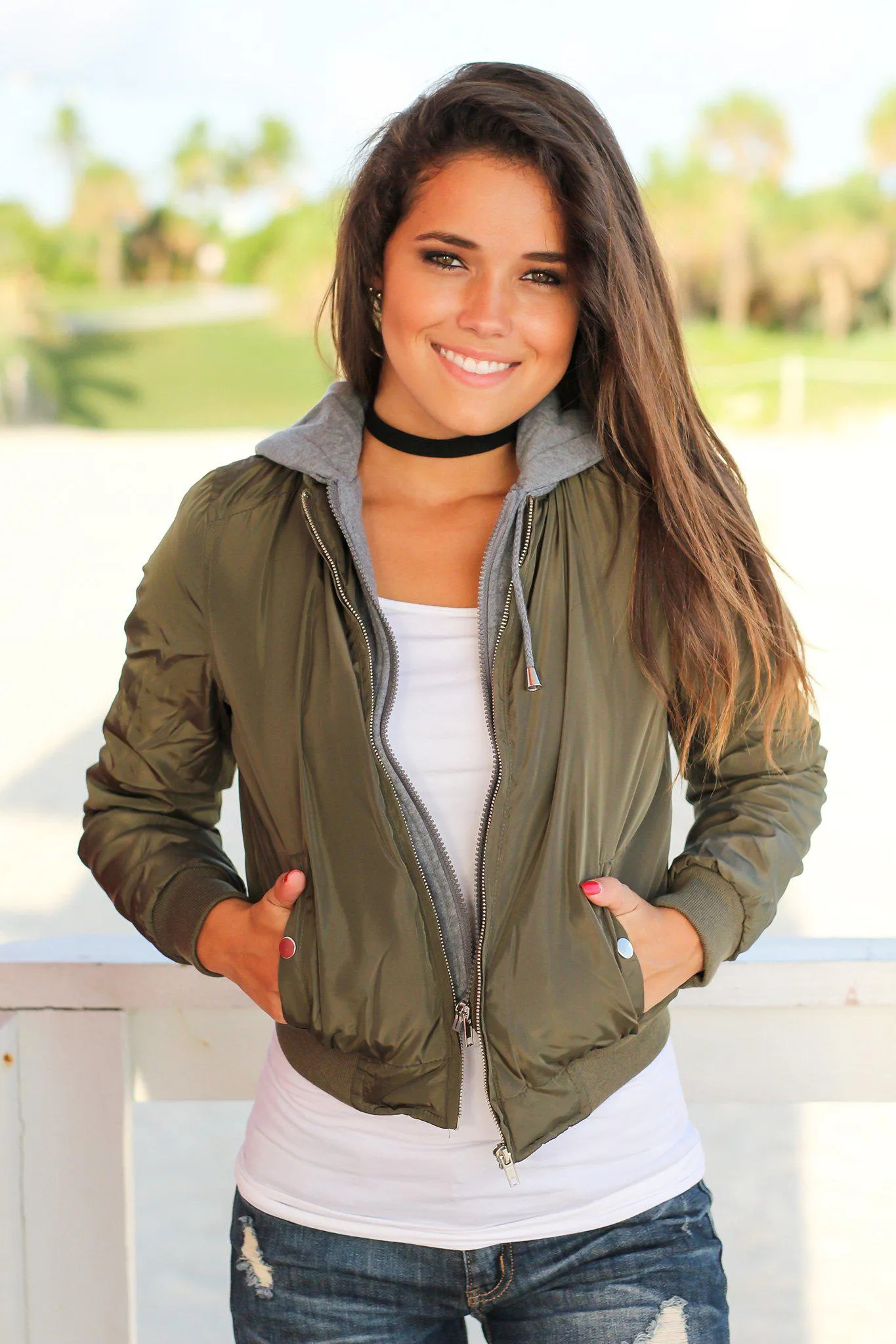 Olive Bomber Jacket with Gray Hood