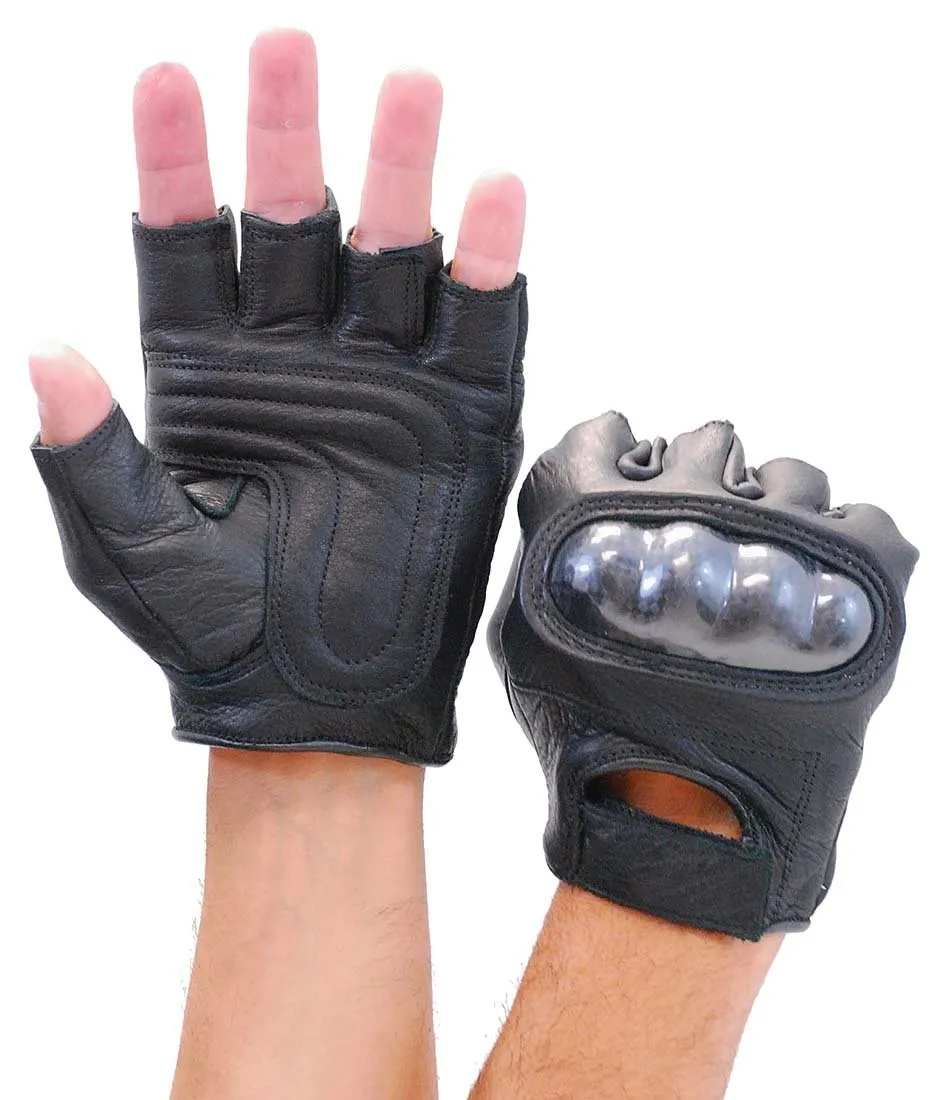 Padded Palm Hard Knuckle Black Leather Fingerless Gloves #G952K