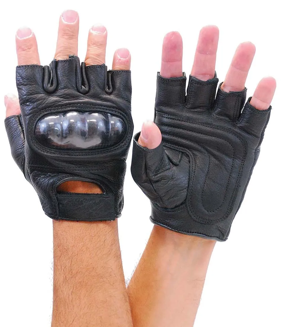 Padded Palm Hard Knuckle Black Leather Fingerless Gloves #G952K